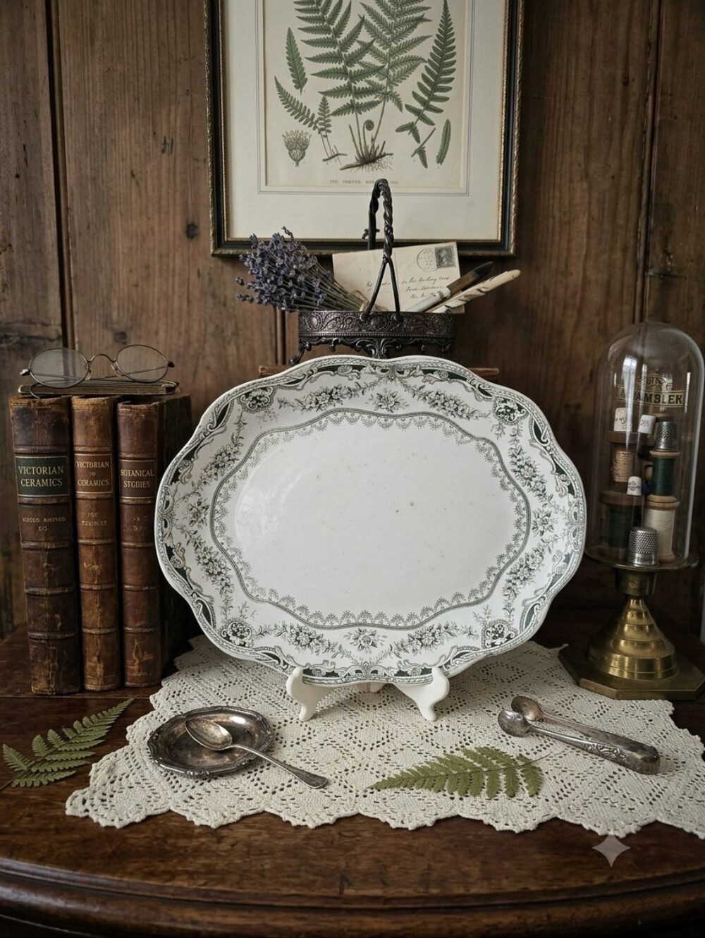 Antique The Montreal Crockery C.O "King Edward" Green Floral Oval Platter